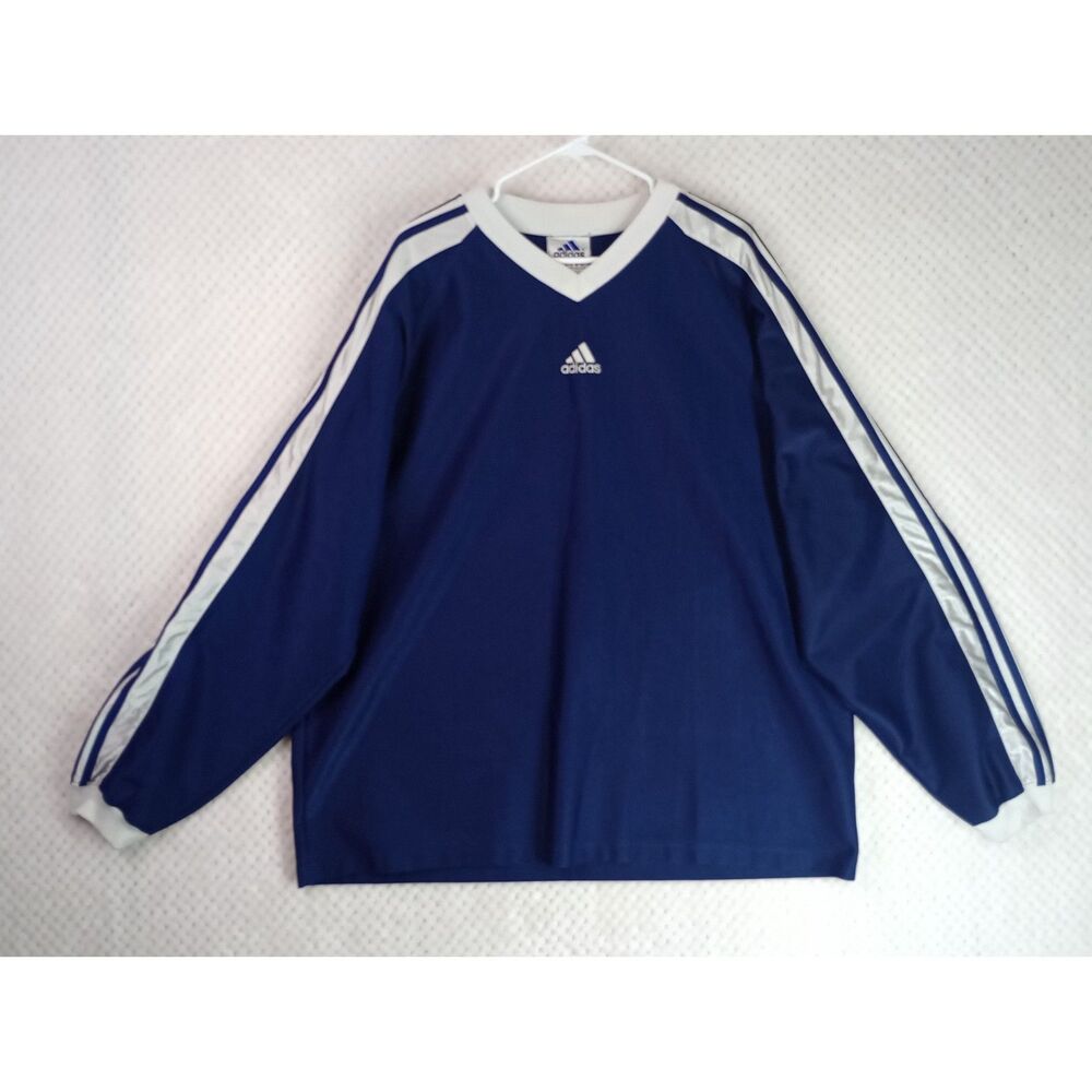 Vintage Adidas Shirt Men's XXL Blue 3-Stripes V-Neck Long Sleeve Center Logo